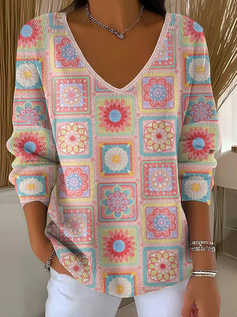 Floral Long Sleeve Tee T shirt V Neck Printing Casual Spring Fall Top
