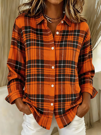 Plaid Shirt Collar Long Sleeve Shirt Buckle Regular Sleeve Casual Daily Spring Fall Top
