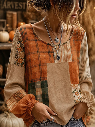 Striped Crew Neck Long Sleeve Blouse Printing Vintage Daily Spring Fall Top