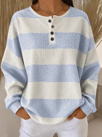Striped Henley Collar Casual Spring Fall Long Sleeve Sweatshirt