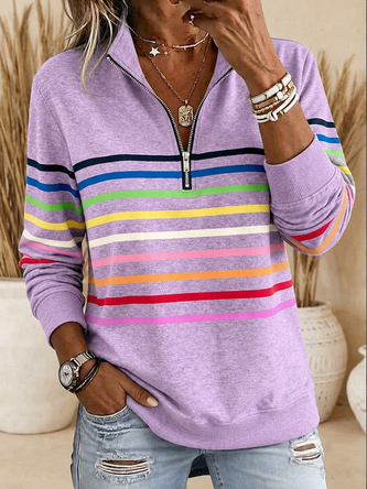 Striped Half Open Collar Casual Spring Fall Long Sleeve Sweatshirt