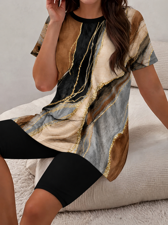 Plain Printing Two Piece Set Daily Short Sleeve Casual Summer Top Pants Matching Set