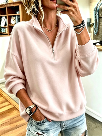 Plain Stand Collar Casual Spring Fall Long Sleeve Sweatshirt