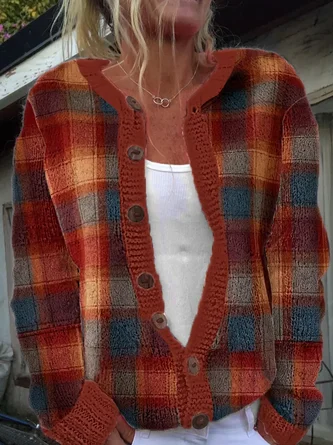 Plaid Printing Long Sleeve Crew Neck Vintage Spring Fall Cardigan Outerwear