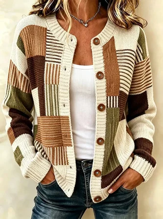 Abstract Stripes Printing Long Sleeve Crew Neck Vintage Spring Fall Cardigan Outerwear