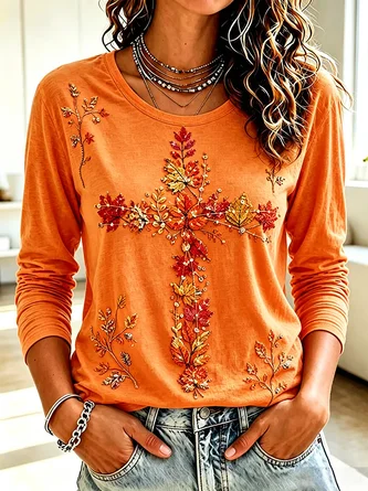 Maple Leaf Long Sleeve Tee T shirt Crew Neck Printing Casual Spring Fall Top
