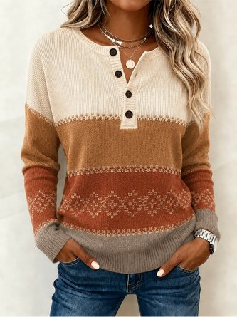 Geometric Long Sleeve Tee T shirt Henley Collar Casual Spring Fall Top