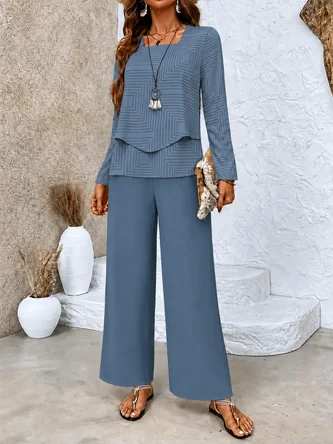 Plain Two Piece Set Daily Long Sleeve Casual Spring Fall Top Pants Matching Set
