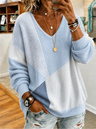 Geometric Long Sleeve Tee T shirt V Neck Casual Spring Fall Top