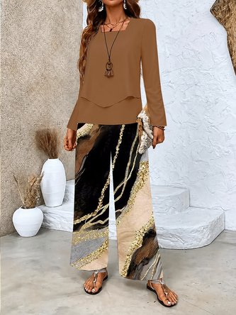 Plain Printing Two Piece Set Daily Long Sleeve Casual Spring Fall Top Pants Matching Set