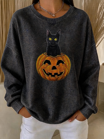 Cat Crew Neck Casual Spring Fall Long Sleeve Sweatshirt