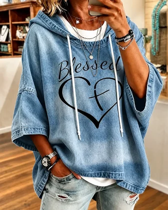 Text Letters Printing Half Sleeve Casual Daily Spring Fall Hoodie