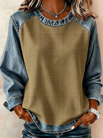 Abstract Stripes Crew Neck Printing Vintage Spring Fall Long Sleeve Sweatshirt
