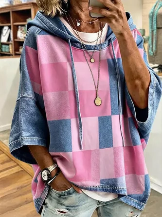 Abstract Plaid Printing Half Sleeve Casual Daily Spring Fall Hoodie