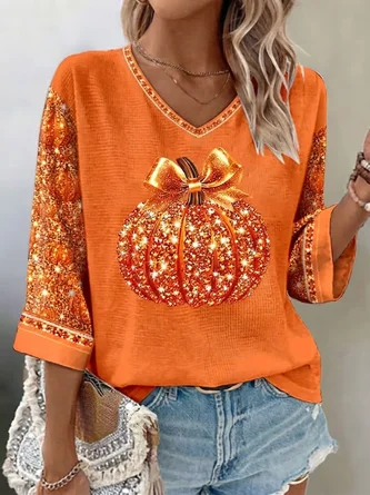 Halloween Half Sleeve Tee T shirt V Neck Printing Vintage Summer Top