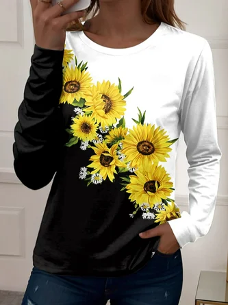 Sunflower Long Sleeve Tee T shirt Crew Neck Printing Casual Spring Fall Top