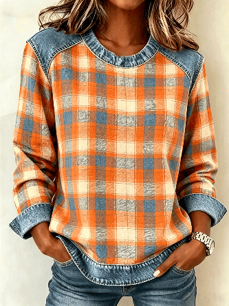 Plaid Crew Neck Printing Vintage Spring Fall Long Sleeve Sweatshirt