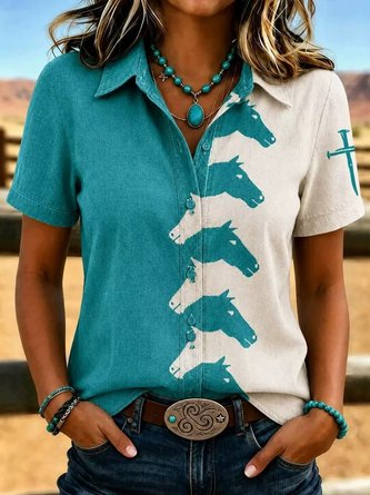 Block Shawl Collar Short Sleeve Shirt Vintage Daily Summer Top