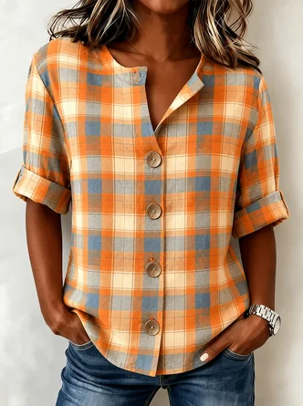 Plaid Shirt Collar Three Quarter Sleeve Shirt Casual Daily Spring Fall Top