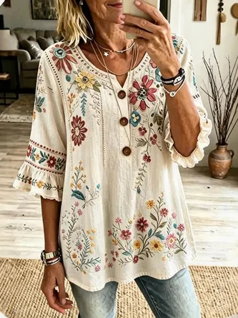 Floral V Neck Half Sleeve Blouse Casual Daily Summer Top