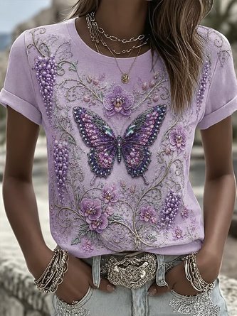Butterfly Short Sleeve Tee T shirt Crew Neck Casual Summer Top
