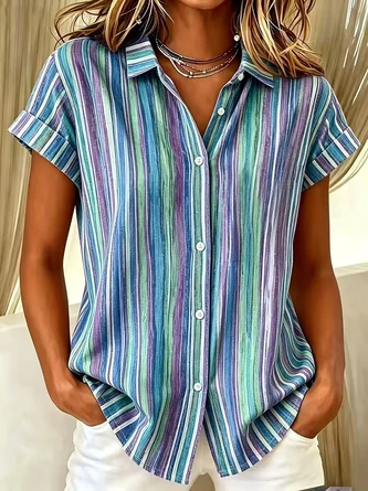 Abstract Stripes Shirt Collar Short Sleeve Shirt Printing Casual Daily Summer Top