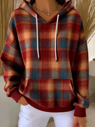 Plaid Printing Long Sleeve Casual Daily Spring Fall Hoodie