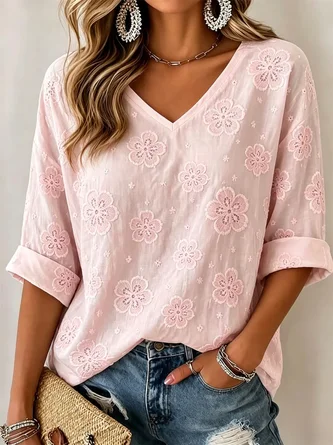Floral Half Sleeve Tee T shirt V Neck Printing Vintage Summer Top