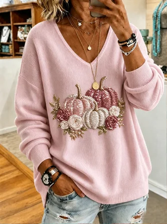 Pumpkin Pattern Long Sleeve Tee T shirt V Neck Casual Spring Fall Top