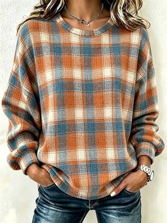 Plaid Crew Neck Printing Casual Spring Fall Long Sleeve Sweatshirt