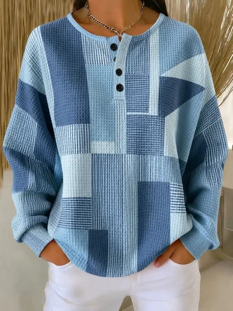 Abstract Graphic Henley Collar Casual Spring Fall Long Sleeve Sweatshirt