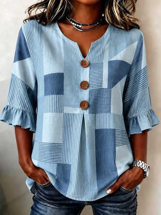 Abstract Graphic V Neck Half Sleeve Blouse Vintage Daily Summer Top