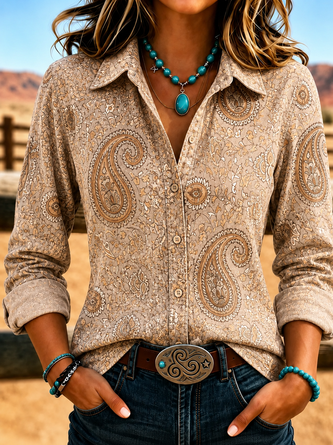 Paisley Shirt Collar Long Sleeve Shirt Printing Vintage Daily Spring Fall Top
