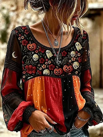 Floral Crew Neck Long Sleeve Blouse Printing Casual Holiday Spring Fall Top