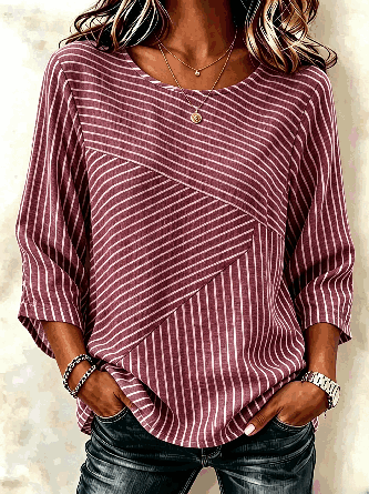 Striped Crew Neck Three Quarter Sleeve Blouse Casual Daily Spring Fall Top