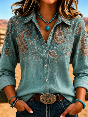 Plain Shirt Collar Long Sleeve Shirt Printing Vintage Daily Spring Fall Top