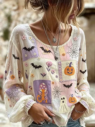 Halloween Crew Neck Long Sleeve Blouse Printing Casual Holiday Spring Fall Top