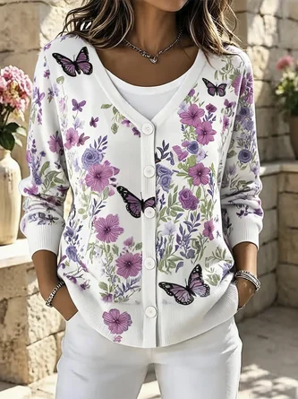 Floral Long Sleeve V Neck Casual Spring Fall Cardigan Outerwear