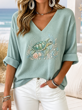 Marine Life Half Sleeve Tee T shirt V Neck Vintage Summer Top