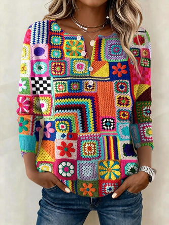 Abstract Graphic Long Sleeve Tee T shirt Henley Collar Vintage Spring Fall Top