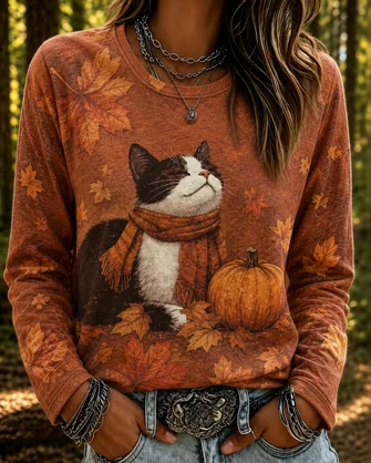 Cat Long Sleeve Tee T shirt Crew Neck Printing Casual Spring Fall Top
