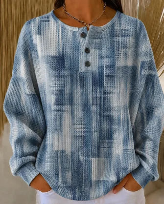 Geometric Henley Collar Casual Spring Fall Long Sleeve Sweatshirt