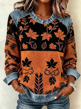 Maple Leaf Crew Neck Printing Vintage Spring Fall Long Sleeve Sweatshirt