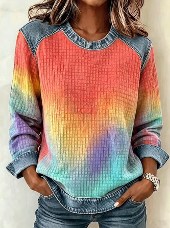 Ombre Crew Neck Printing Vintage Spring Fall Long Sleeve Sweatshirt