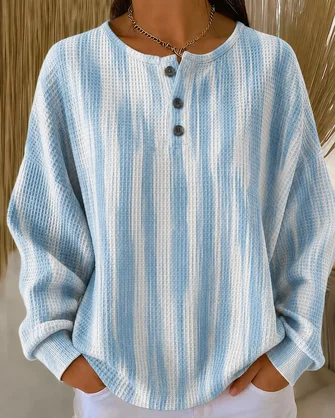 Random Print Henley Collar Casual Spring Fall Long Sleeve Sweatshirt