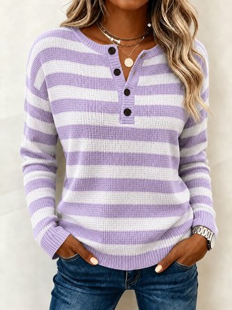 Striped Long Sleeve Tee T shirt Henley Collar Casual Spring Fall Top
