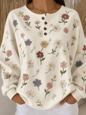 Floral Henley Collar Casual Spring Fall Long Sleeve Sweatshirt