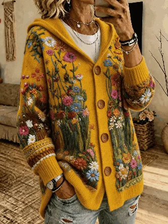 Floral Long Sleeve Hoodie Vintage Spring Fall Cardigan Outerwear