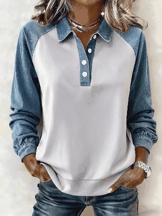 Contrast Stitching Shirt Collar Casual Spring Fall Long Sleeve Sweatshirt