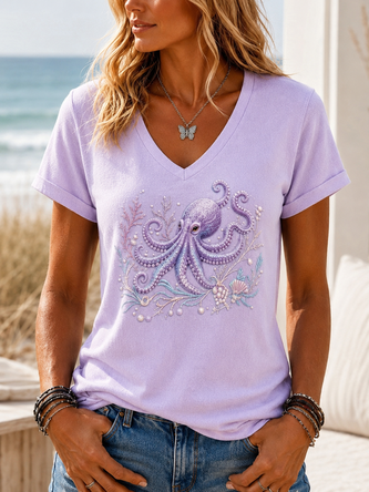 Marine Life Short Sleeve Tee T shirt V Neck Casual Summer Top